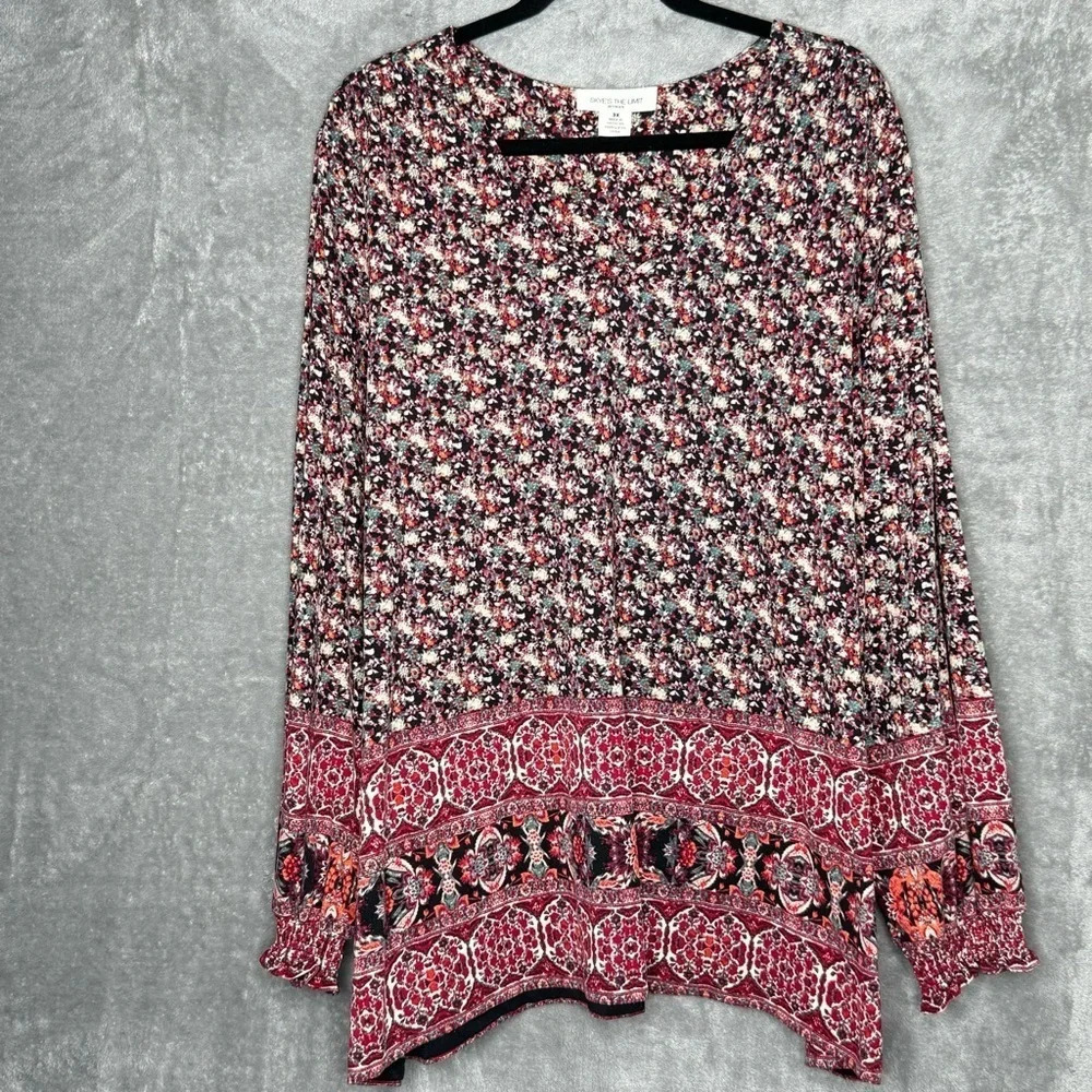 Skyes The Limit‎ 3X Shirt Top Red Floral Flower Peasant Long Sleeve V Neck